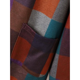 Check Pattern Zip Front Pocket Long Sleeve Lapel Coat