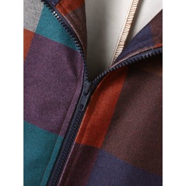 Check Pattern Zip Front Pocket Long Sleeve Lapel Coat