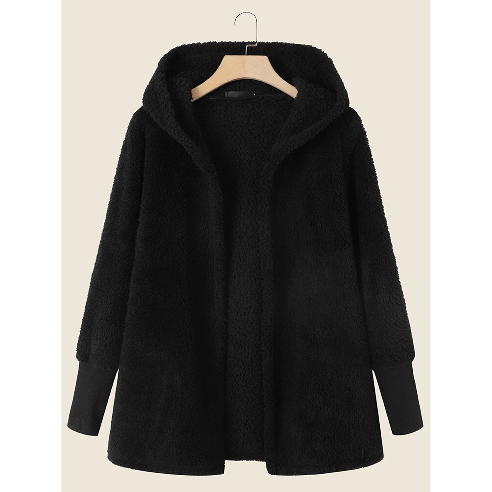 Solid Plush Long Sleeve Hooded Coat For Women Solid Plush Long Sleeve Hooded Coat For Women