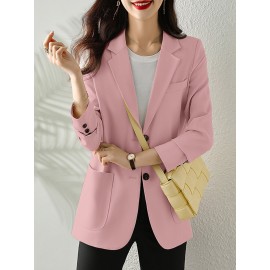 Solid Button Front Pocket Lapel Long Sleeve Blazer