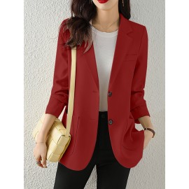 Solid Button Front Pocket Lapel Long Sleeve Blazer