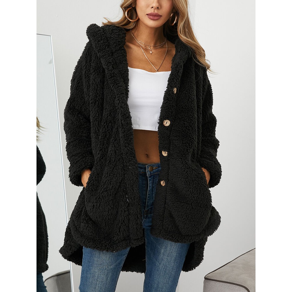 Women Solid Color Button Pocket Loose Plush Casual Coat Women Solid Color Button Pocket Loose Plush Casual Coat
