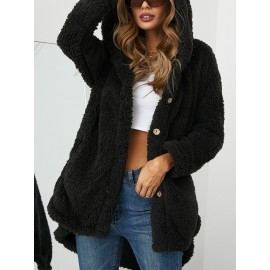 Women Solid Color Button Pocket Loose Plush Casual Coat Women Solid Color Button Pocket Loose Plush Casual Coat