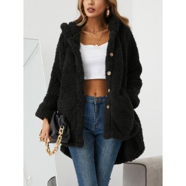 Women Solid Color Button Pocket Loose Plush Casual Coat Women Solid Color Button Pocket Loose Plush Casual Coat