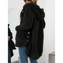 Women Solid Color Button Pocket Loose Plush Casual Coat Women Solid Color Button Pocket Loose Plush Casual Coat