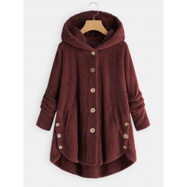 Women Solid Color Button Pocket Loose Plush Casual Coat Women Solid Color Button Pocket Loose Plush Casual Coat