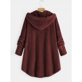 Women Solid Color Button Pocket Loose Plush Casual Coat Women Solid Color Button Pocket Loose Plush Casual Coat