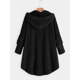 Women Solid Color Button Pocket Loose Plush Casual Coat Women Solid Color Button Pocket Loose Plush Casual Coat