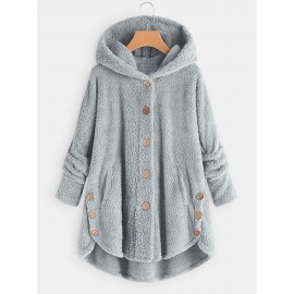 Women Solid Color Button Pocket Loose Plush Casual Coat Women Solid Color Button Pocket Loose Plush Casual Coat