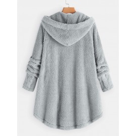 Women Solid Color Button Pocket Loose Plush Casual Coat Women Solid Color Button Pocket Loose Plush Casual Coat