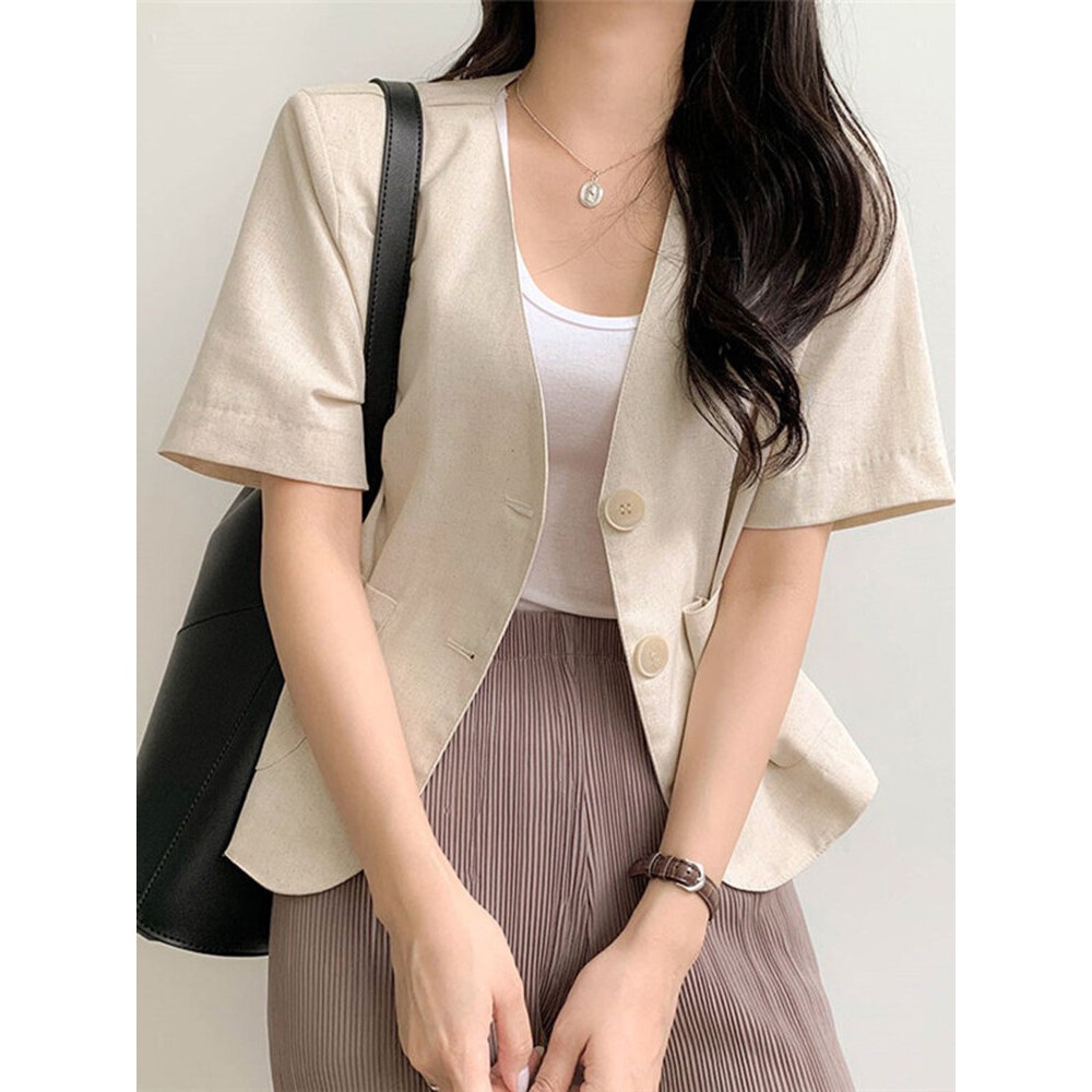 Solid Button Front Pocket Short Sleeve Lapel Blazer Solid Button Front Pocket Short Sleeve Lapel Blazer