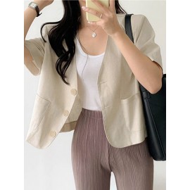 Solid Button Front Pocket Short Sleeve Lapel Blazer Solid Button Front Pocket Short Sleeve Lapel Blazer