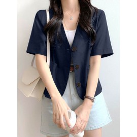 Solid Button Front Pocket Short Sleeve Lapel Blazer Solid Button Front Pocket Short Sleeve Lapel Blazer