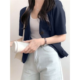 Solid Button Front Pocket Short Sleeve Lapel Blazer Solid Button Front Pocket Short Sleeve Lapel Blazer