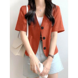 Solid Button Front Pocket Short Sleeve Lapel Blazer Solid Button Front Pocket Short Sleeve Lapel Blazer