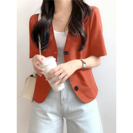 Solid Button Front Pocket Short Sleeve Lapel Blazer Solid Button Front Pocket Short Sleeve Lapel Blazer