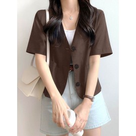 Solid Button Front Pocket Short Sleeve Lapel Blazer Solid Button Front Pocket Short Sleeve Lapel Blazer