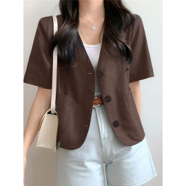 Solid Button Front Pocket Short Sleeve Lapel Blazer Solid Button Front Pocket Short Sleeve Lapel Blazer
