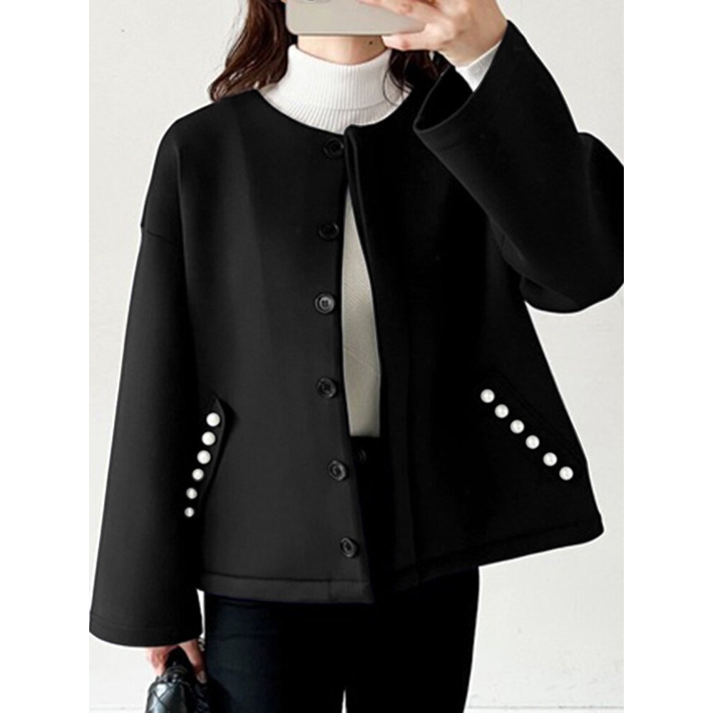 Women Solid Collarless Button Front Casual Long Sleeve Jacket Women Solid Collarless Button Front Casual Long Sleeve Jacket