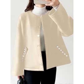 Women Solid Collarless Button Front Casual Long Sleeve Jacket Women Solid Collarless Button Front Casual Long Sleeve Jacket