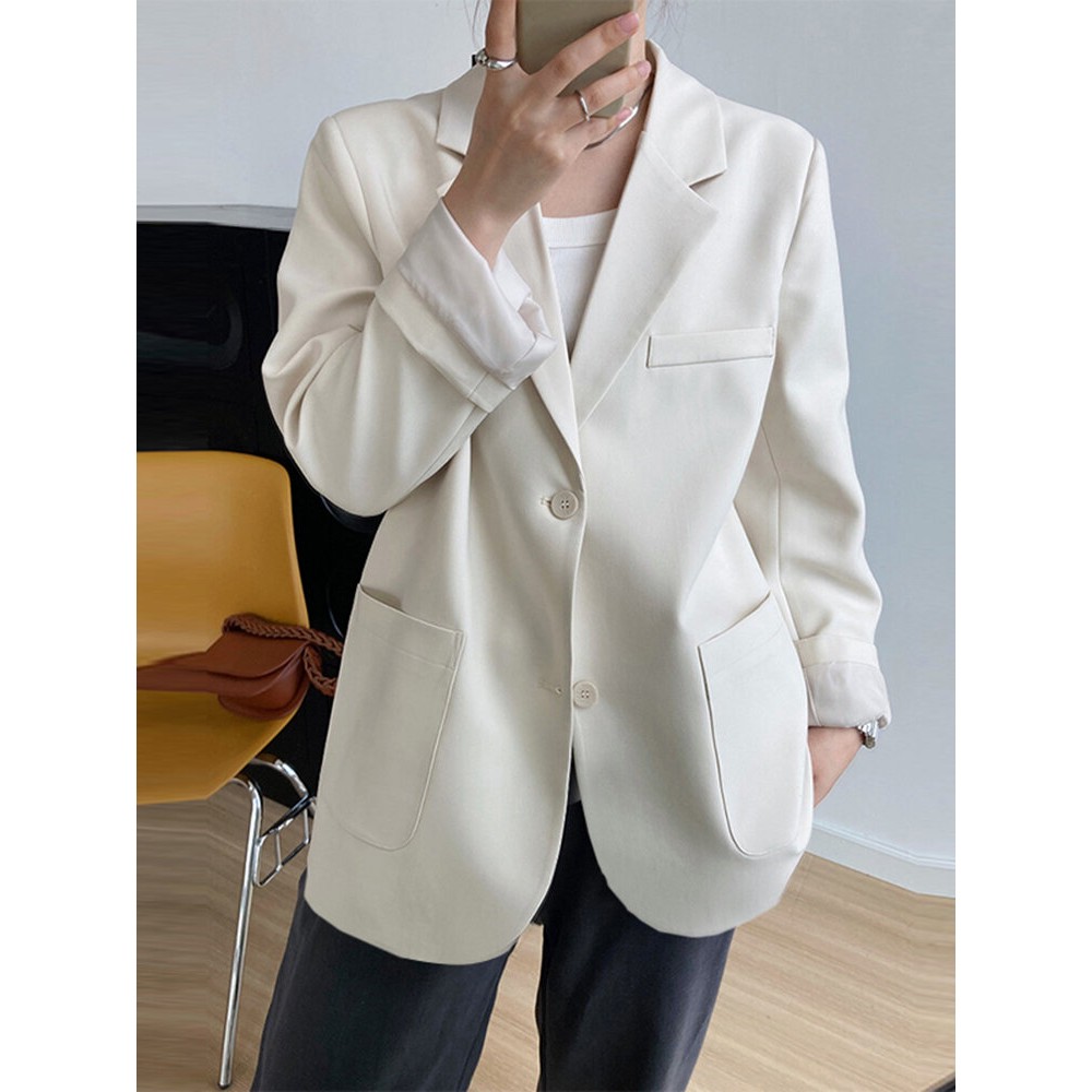Solid Pocket Button Front Lapel Long Sleeve Blazer Solid Pocket Button Front Lapel Long Sleeve Blazer