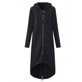 Women Zipper Long Sleeve Irregular Hem Hooded Coat