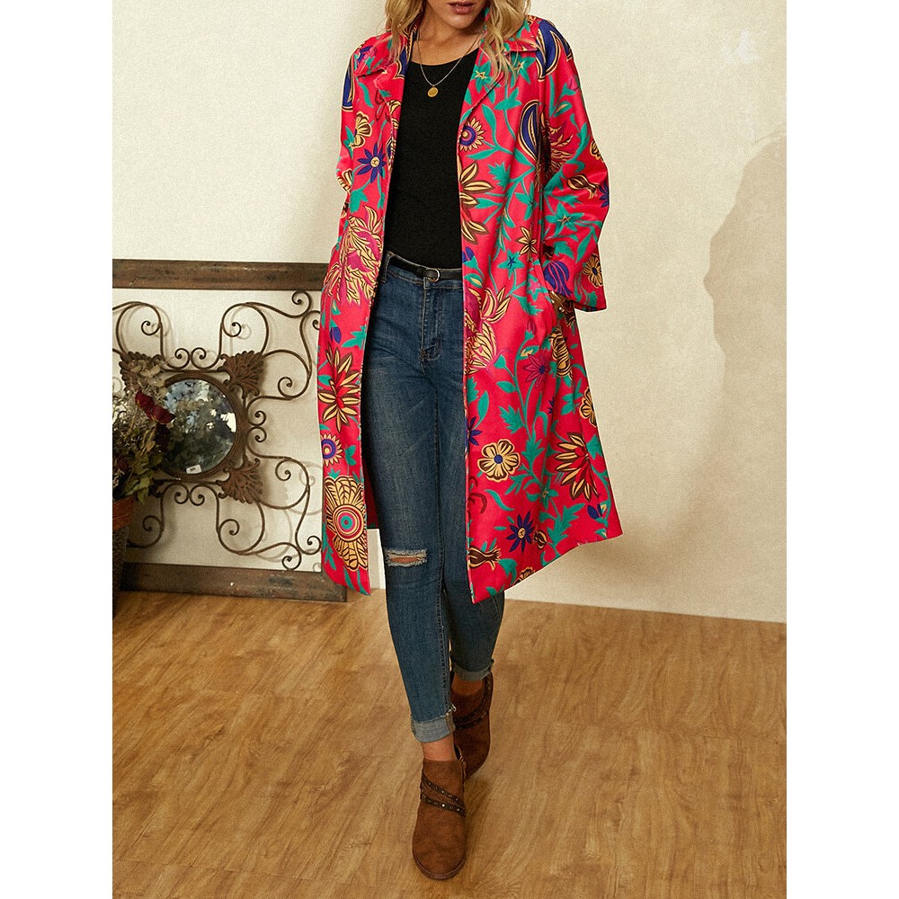 Floral Printed Long Sleeve Turn-down Collar Coat For Women Floral Printed Long Sleeve Turn-down Collar Coat For Women