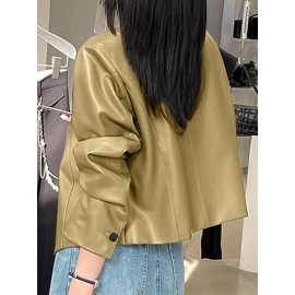 Solid Button Front Long Sleeve Crew Neck Jacket