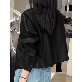 Solid Button Front Long Sleeve Crew Neck Jacket