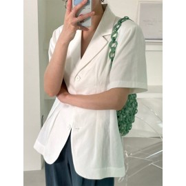 Solid Button Front Lapel Short Sleeve Casual Blazer