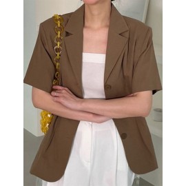 Solid Button Front Lapel Short Sleeve Casual Blazer