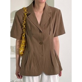 Solid Button Front Lapel Short Sleeve Casual Blazer