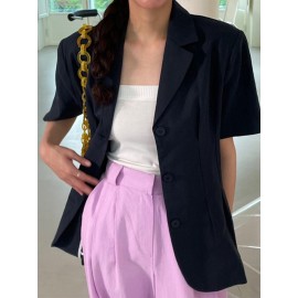 Solid Button Front Lapel Short Sleeve Casual Blazer