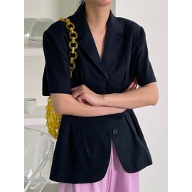 Solid Button Front Lapel Short Sleeve Casual Blazer