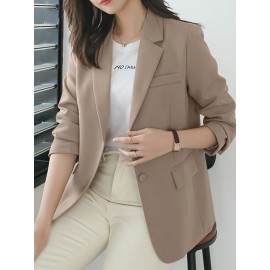 Women Solid Long Sleeve Button Front Lapel Blazer