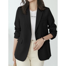 Women Solid Long Sleeve Button Front Lapel Blazer